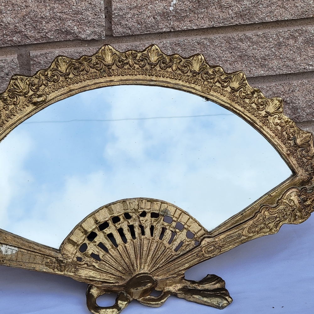 Vintage Fan Shape Mirror Ornate Gld Tone Brass Tabletop Vanity Hollywood Regency